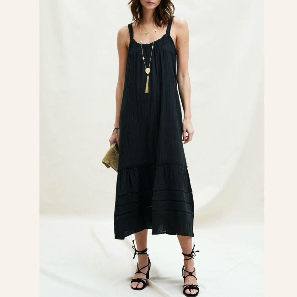 ASPIGA | Frankie Midi Dress Organic Cotton Black Ruffle Strap Gold | Size Large